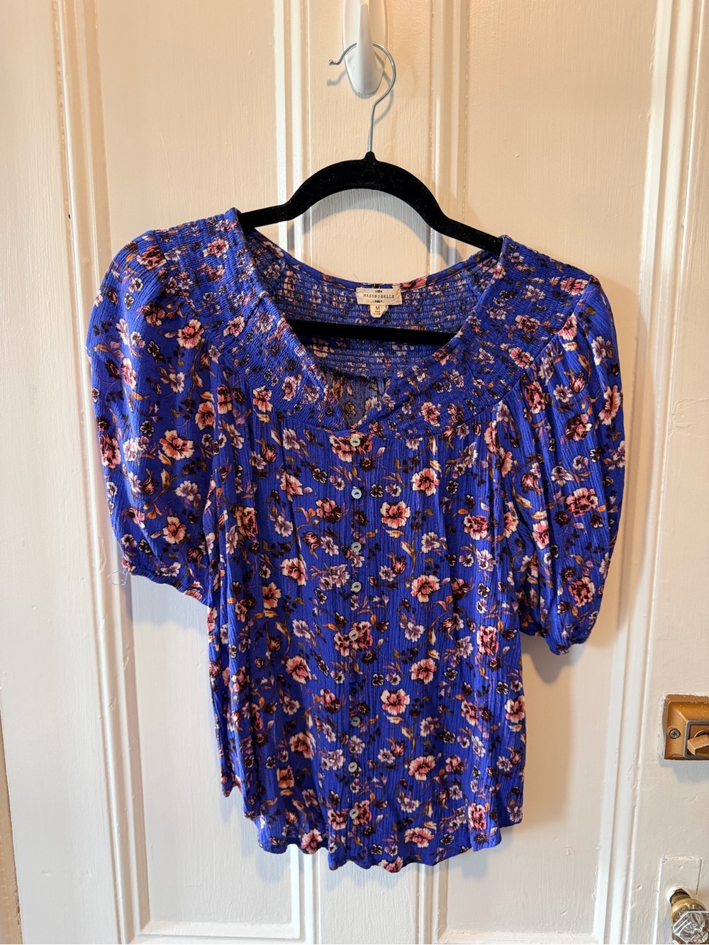 Blue Floral Scoop Neck Blouse with Puff Sleeves